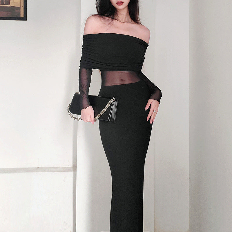 Robe d'hiver noire plissée en polyester à manches longues et épaules dénudées pour femme
