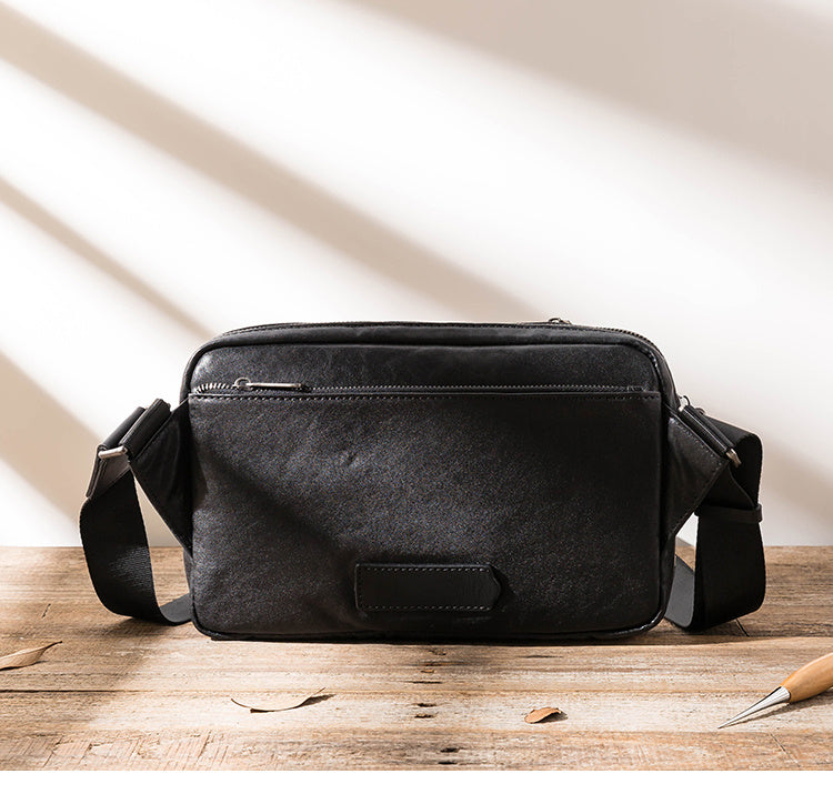 Leather Men's Black Shoulder Bag with Zipper, 26cm x 9cm x 18cm