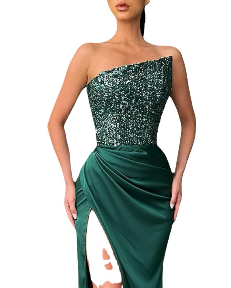 Robe longue de soirée sans manches à paillettes vertes pour femme