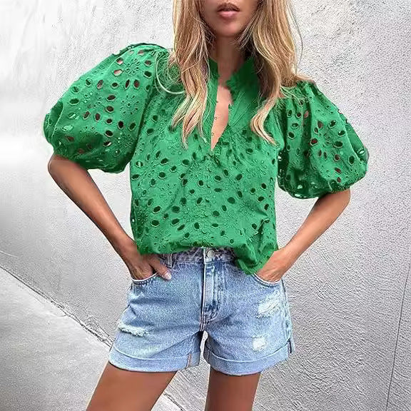 Women's Lantern Sleeve V-Neck Buttoned Hollow Lace Embroidered Shirt