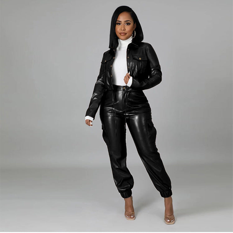 Slim PU Leather Fleece Trousers Overall Suit for Women