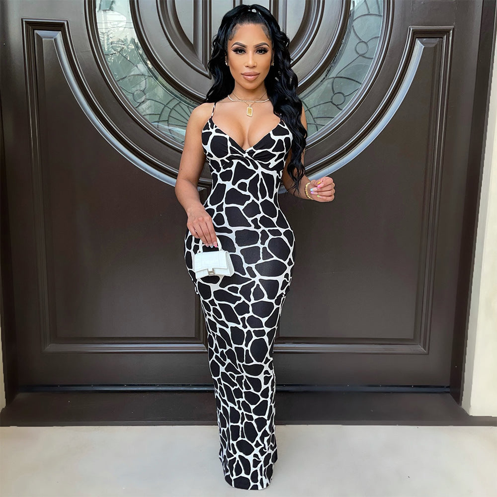 V-Neck Printed Women's Dress Mid Waist Polyester