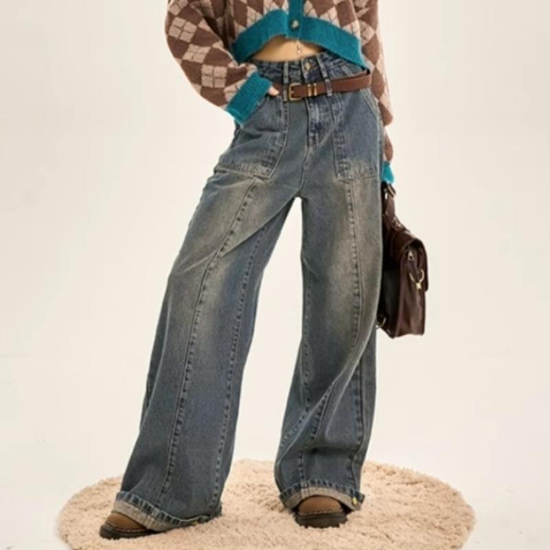 بنطلون جينز نسائي فضفاض واسع الساق بتصميم مستقيم، متدرج الألوان، بتصميم كلاسيكي.