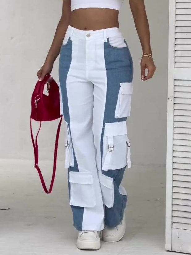 Contrast Pocket Patchwork Cargo Jeans