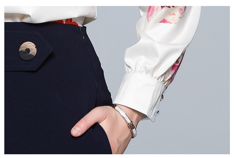 Women's White Long Sleeve Shirt with Bow Ribbon Print