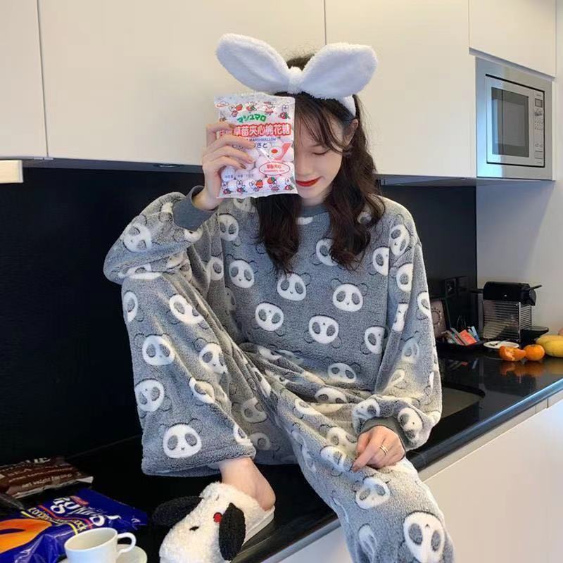 Winter Flannel Long Sleeve Thicken Plus Fleece Homewear Pajamas for Women