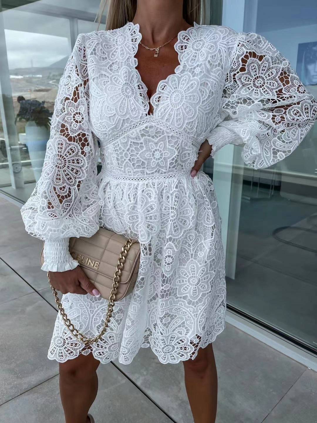 Sexy Hollow Lace Embroidered V-Neck Medium Dress for Commute