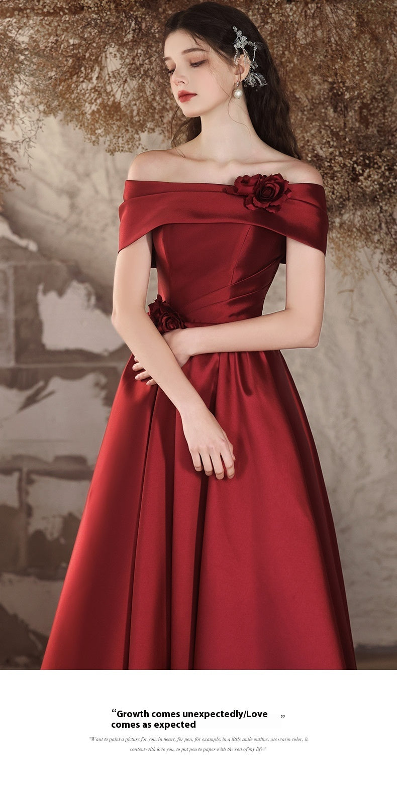 Off-Shoulder Wine Red Satin Toast Wedding Evening Dress
