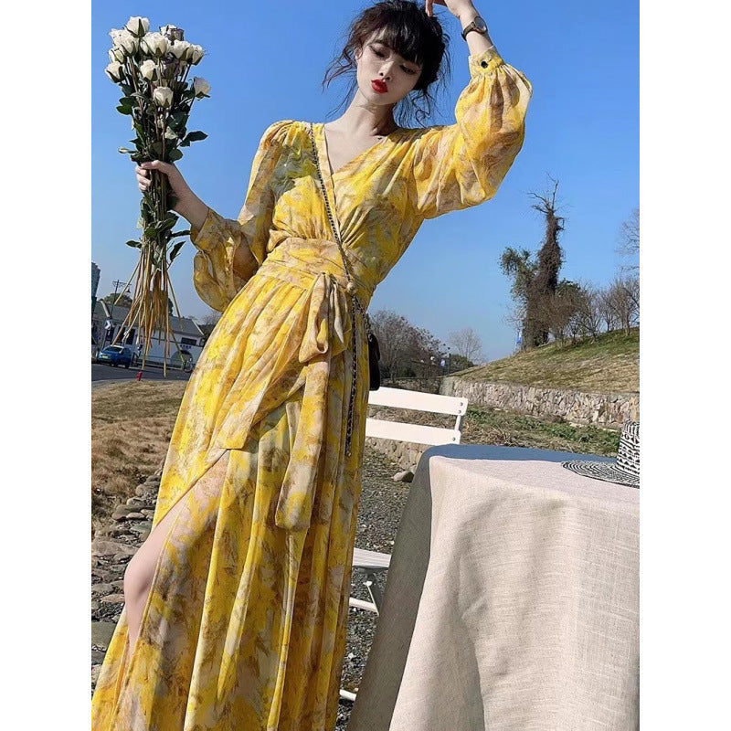 Yellow Floral V-Neck Slimming Chiffon Dress for Women