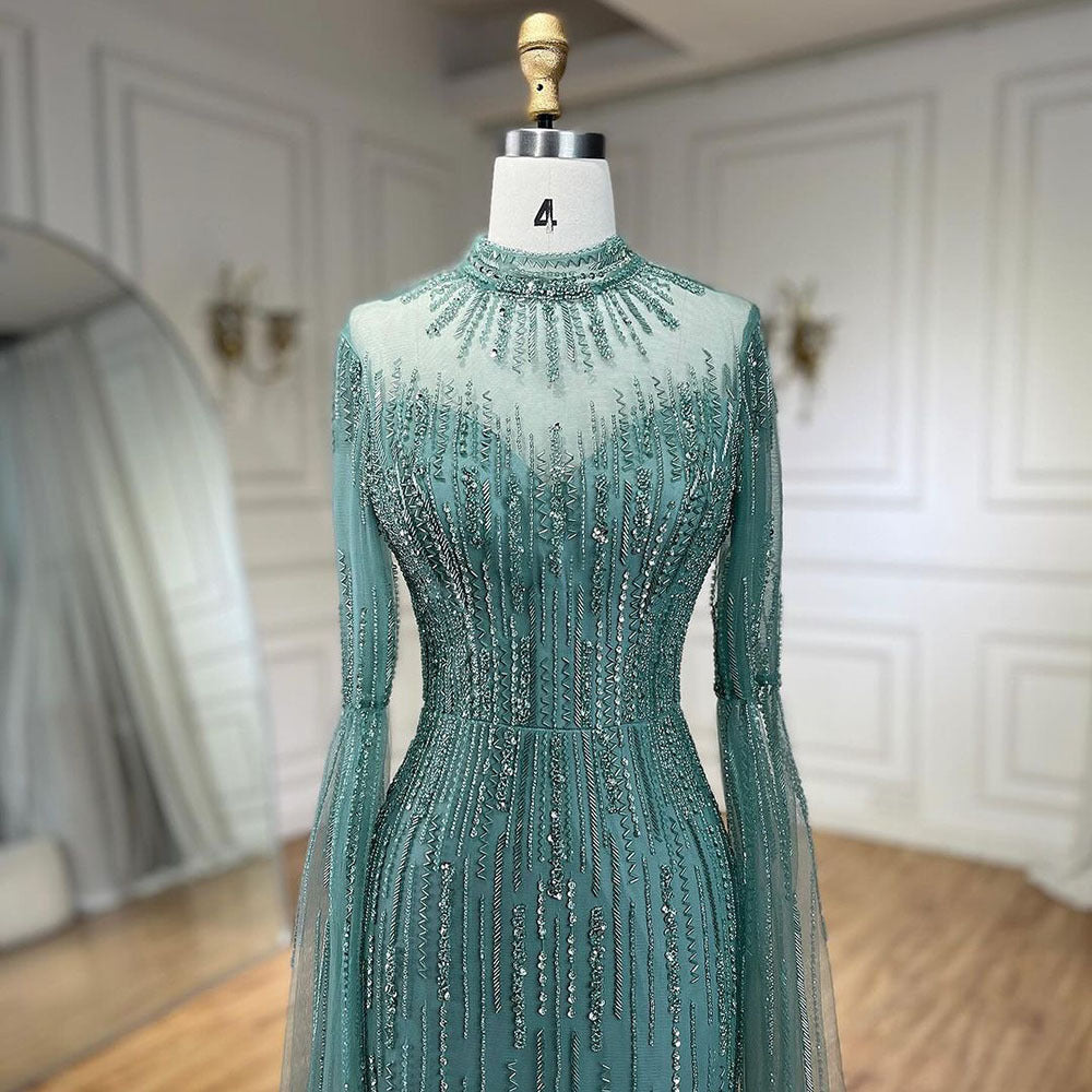 Elegant Water Green Flounced Sleeve Split Fishtail Dress