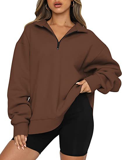 Sweat-shirt zippé femme à col rabattu – Haut pull ample et décontracté