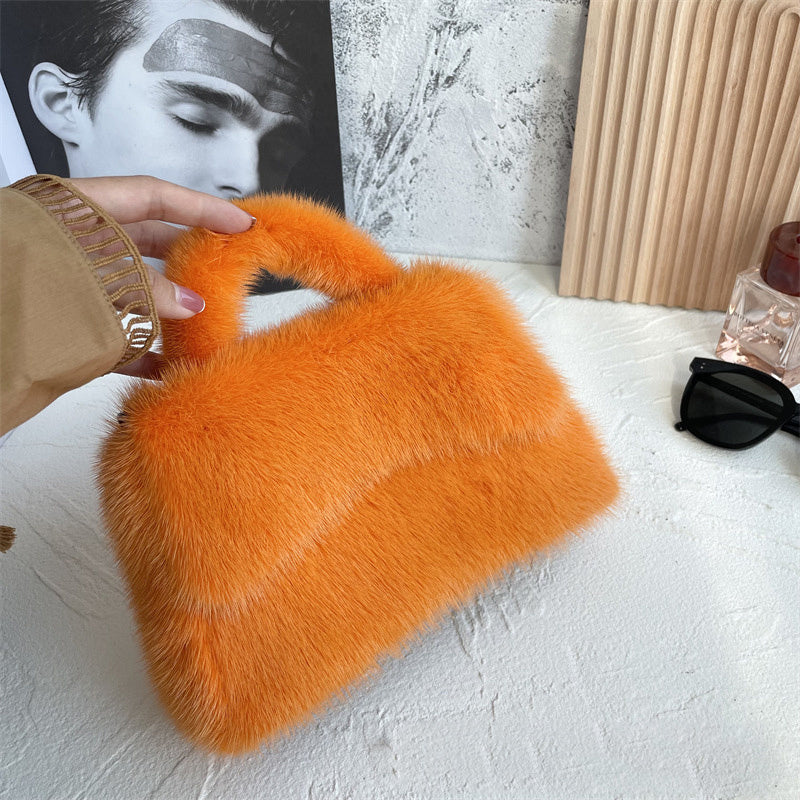Mink Fur Hourglass Wrapped Clutch with Hard Handle - Plush, Magnetic Buckle, 22x26x18cm, Multiple Colors