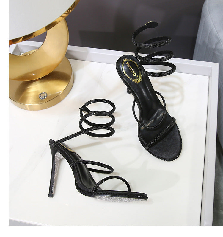 Women's Rhinestone Satin Ankle-Strap Stiletto Heels Sandals
