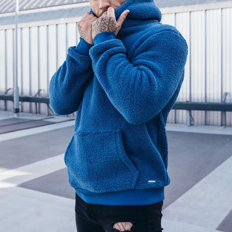 Men's Plush Cotton Hoodie Pullover with Large Pocket Long Sleeve Solid Colors