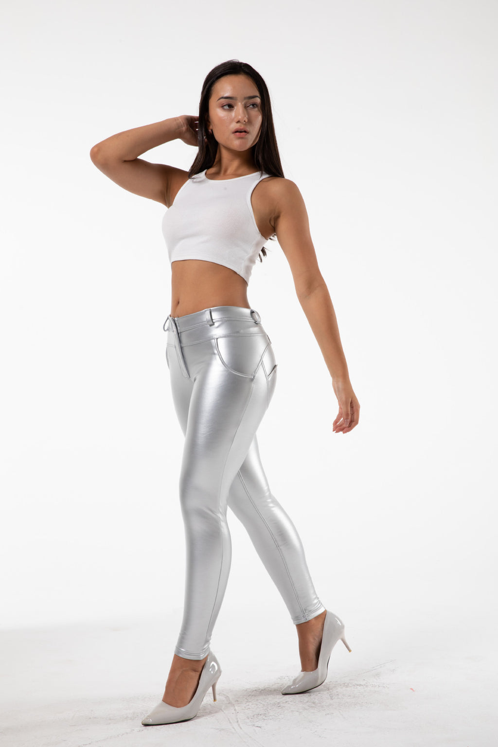 White PU Leather Pencil Pants for Women Fitness