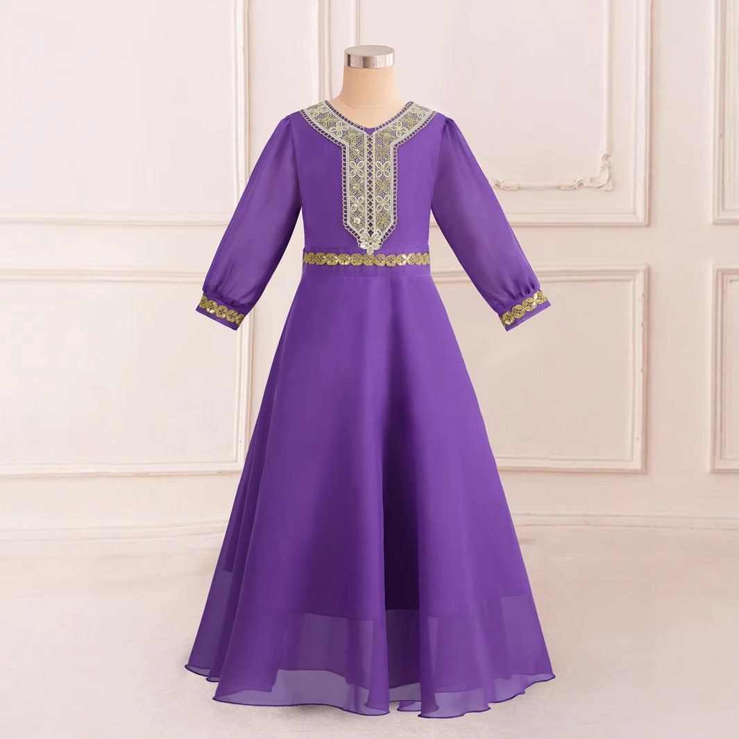 Robe longue bouffante violette en mousseline de soie à manches longues pour fille, ornée de rubans, style princesse du Moyen-Orient