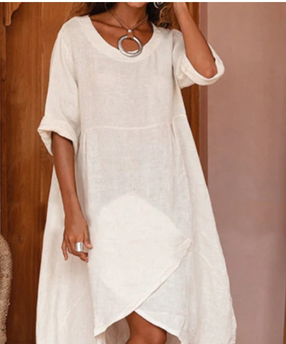 Women’s Green Cotton Linen Maxi Dress Summer Loose Casual Pocket Robe