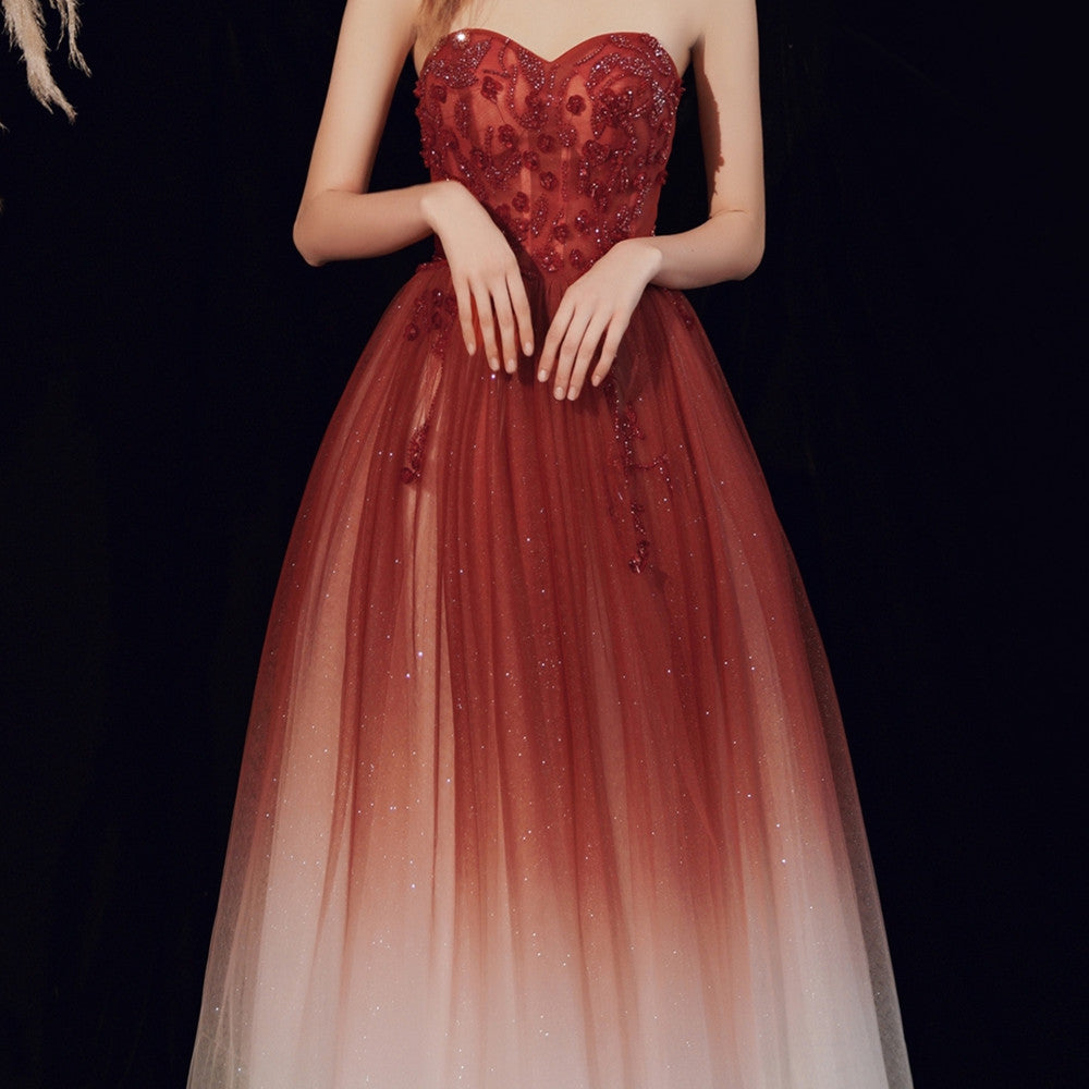 Women's Elegant Gradual Wine Red Mesh Evening Dress for Wedding Banquet