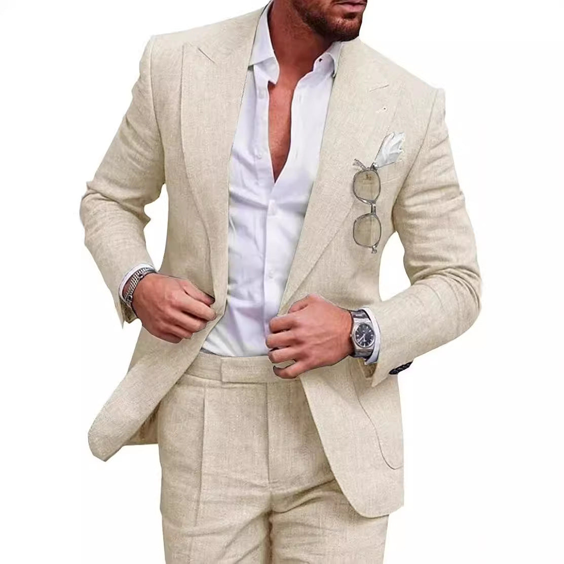 Ensemble costume deux pièces pour homme, coupe ajustée, couleur unie, un bouton