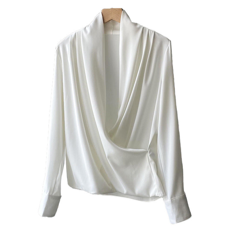 Women's Elegant White Satin V-Neck Long Sleeve Shirt