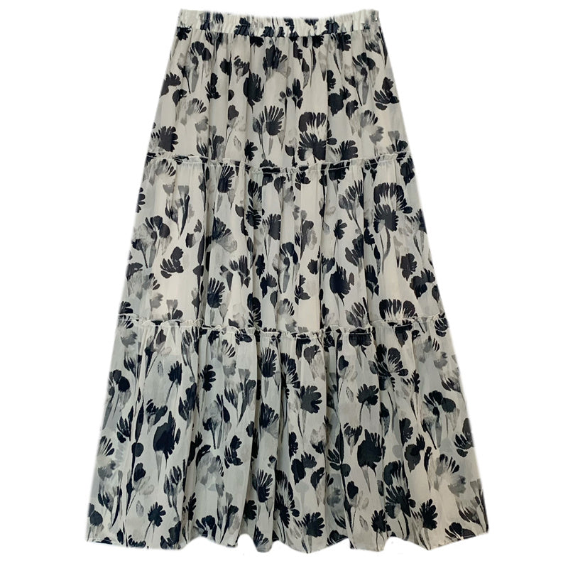 Elegant Romantic Ink Flower Printed Chiffon Skirt Mid-Length