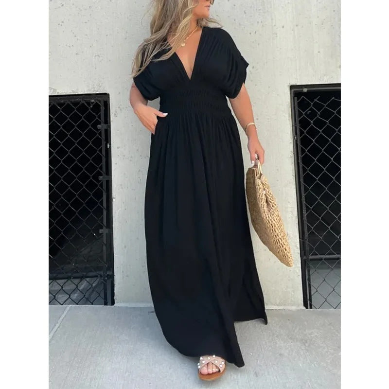 Fashion Bat-Sleeve V-Neck Slit Dress Summer Short Sleeve Elastic Waist Women’s Long Dress