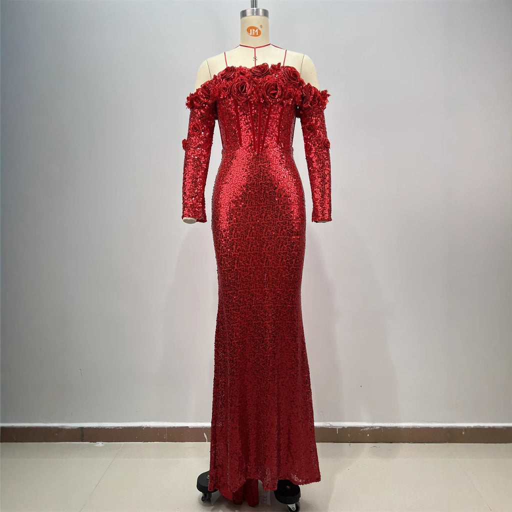 Women's Dark Red Slim-Fit Sequined Skinny Dress