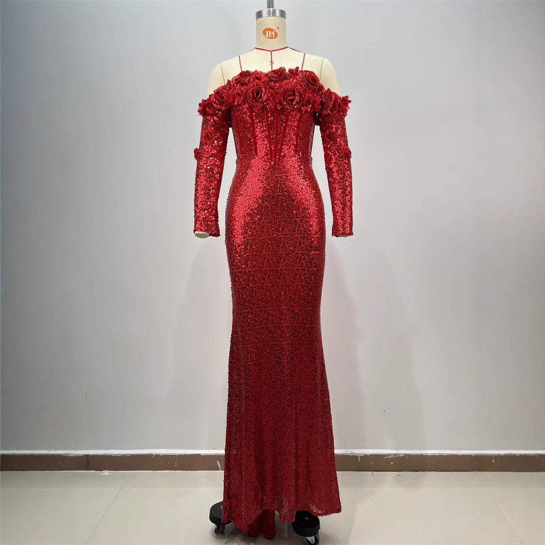 Women's Dark Red Slim-Fit Sequined Skinny Dress