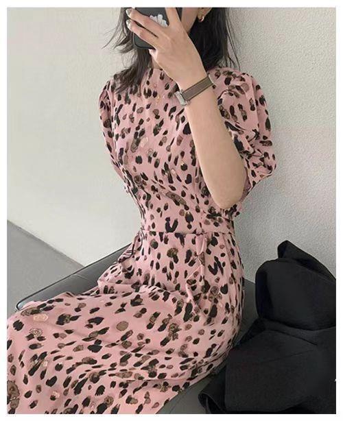 Leopard Print Puff Sleeve Dress Summer New Round Neck Lace-up Waist-controlled Slimming Temperament Split Long Dress