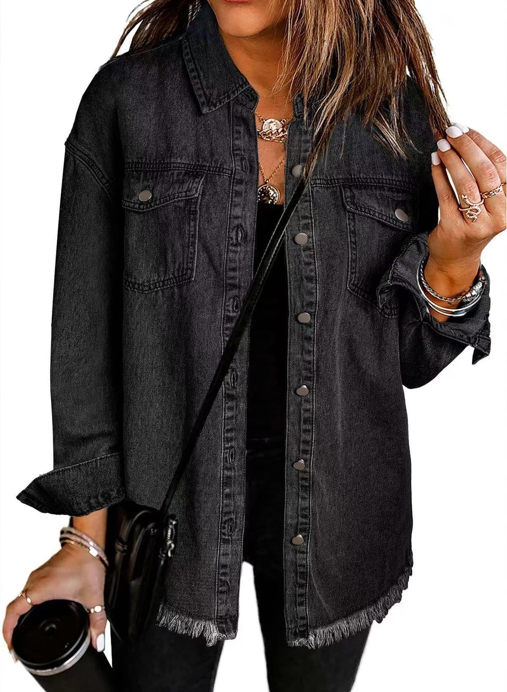 Washed Denim Shirt Women’s Street Style Frayed Hem Coat
