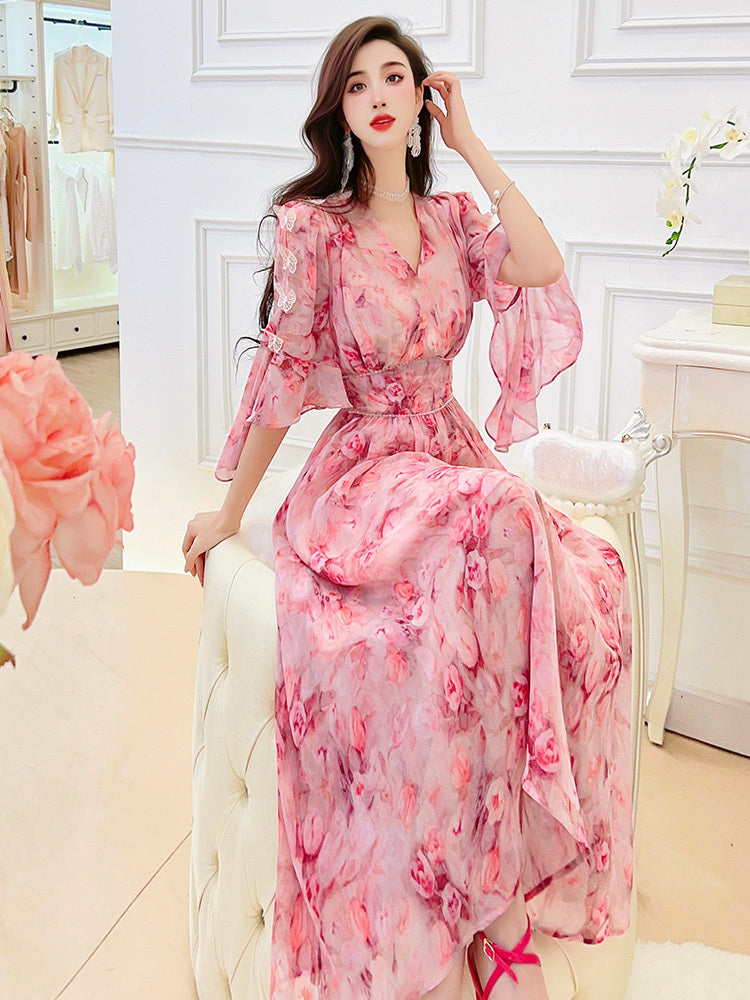 Women's Pink Floral High Waist Chiffon Dress