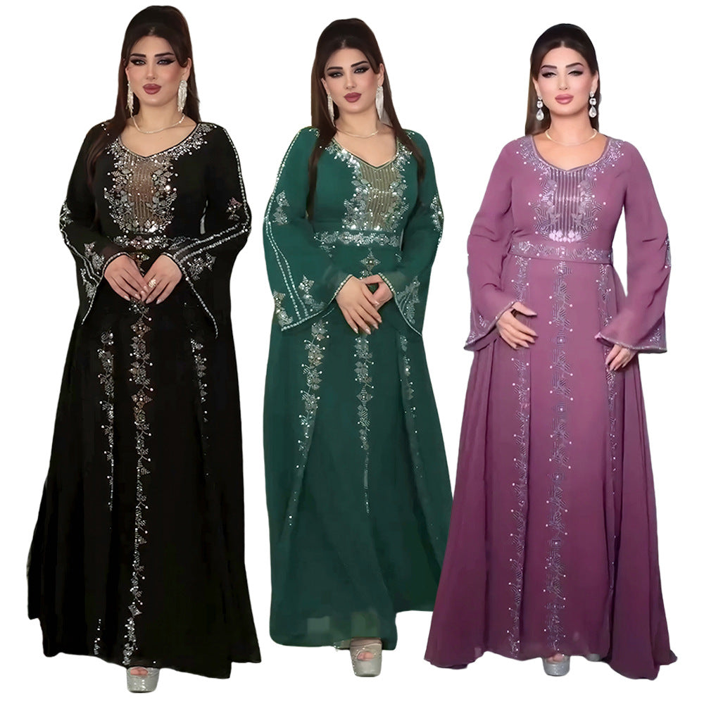 فستان نسائي مسلم أنيق بأكمام جرس باللون الأخضر والأرجواني والأسود، مقاسات L-3XL