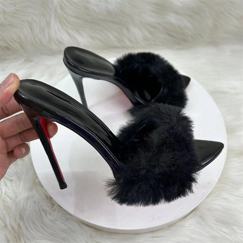 12cm Black PU Pointed Toe Stiletto High Heels Open Toe
