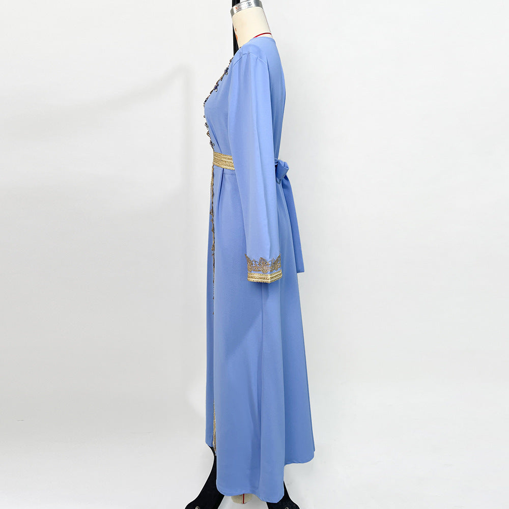 Light Blue Ribbon Hand-stitched Diamond Long Sleeve Arab Dress