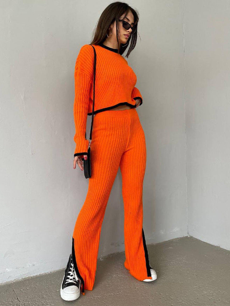 Lazy Color Contrast Women's Knitted Sweater Suit