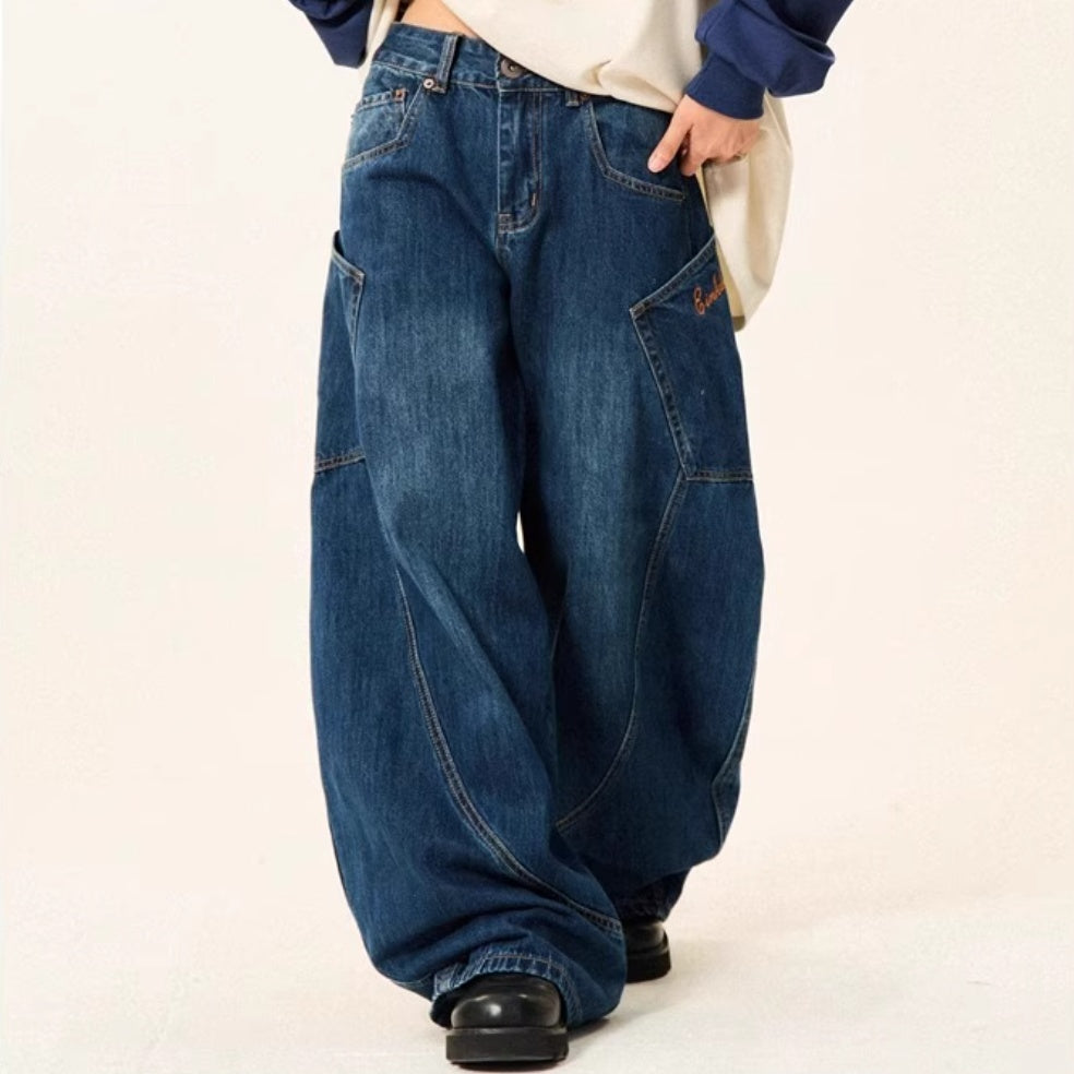 Jeans taille haute amples à jambes larges pour femme avec grandes poches bleu foncé