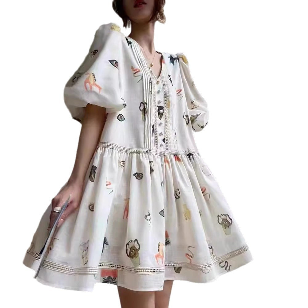 فستان نسائي من الدانتيل بتصميم كلاسيكي فضفاض بأكمام منفوخة وطبعة فرنسية