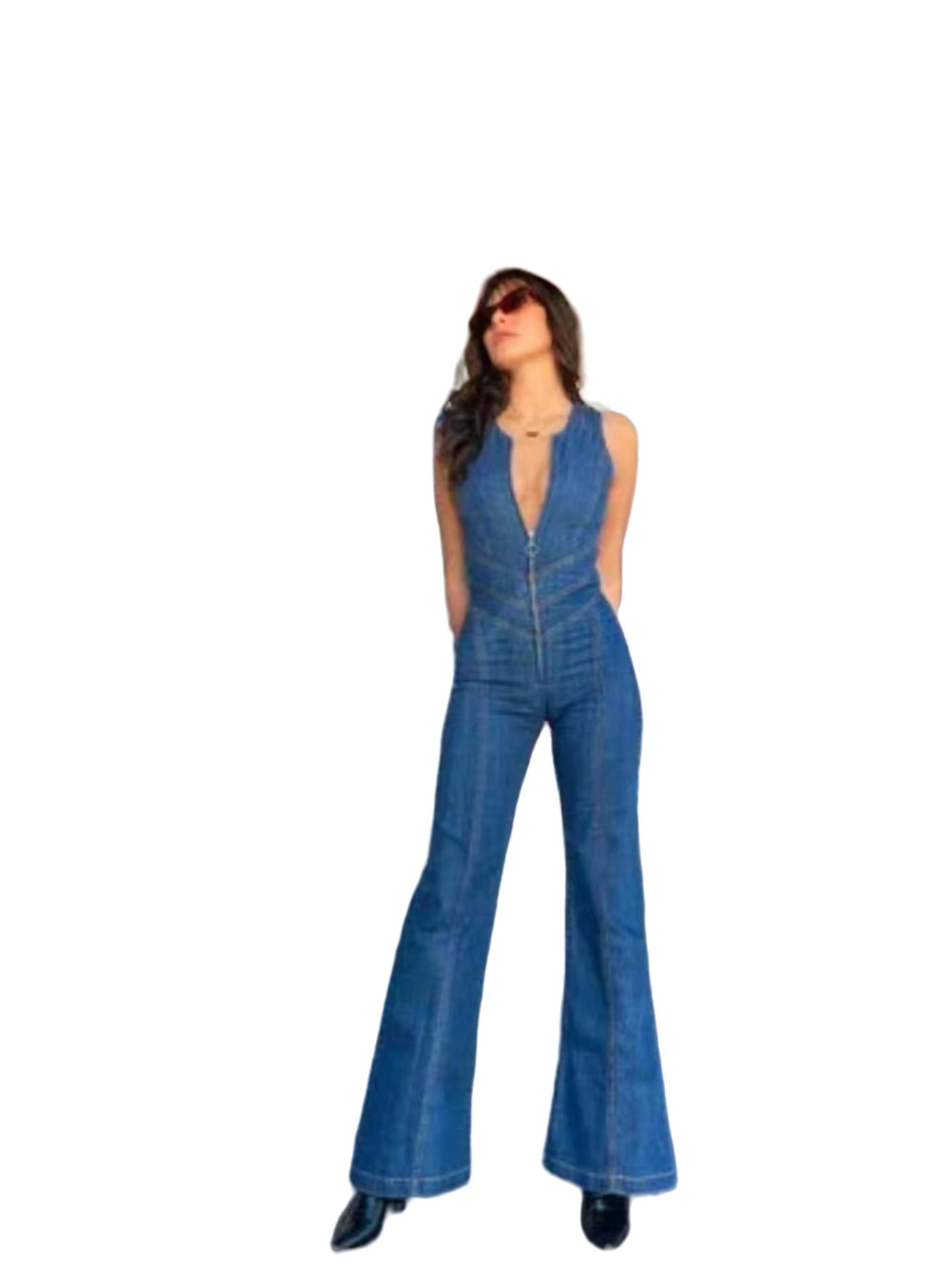 Combinaison en jean bleu saphir taille haute coupe ajustée printemps