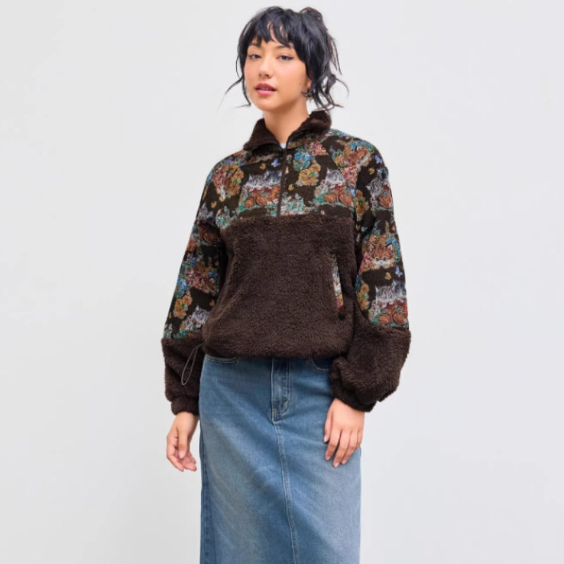 Sweat à capuche à col rabattu pour femme, motif chat floral