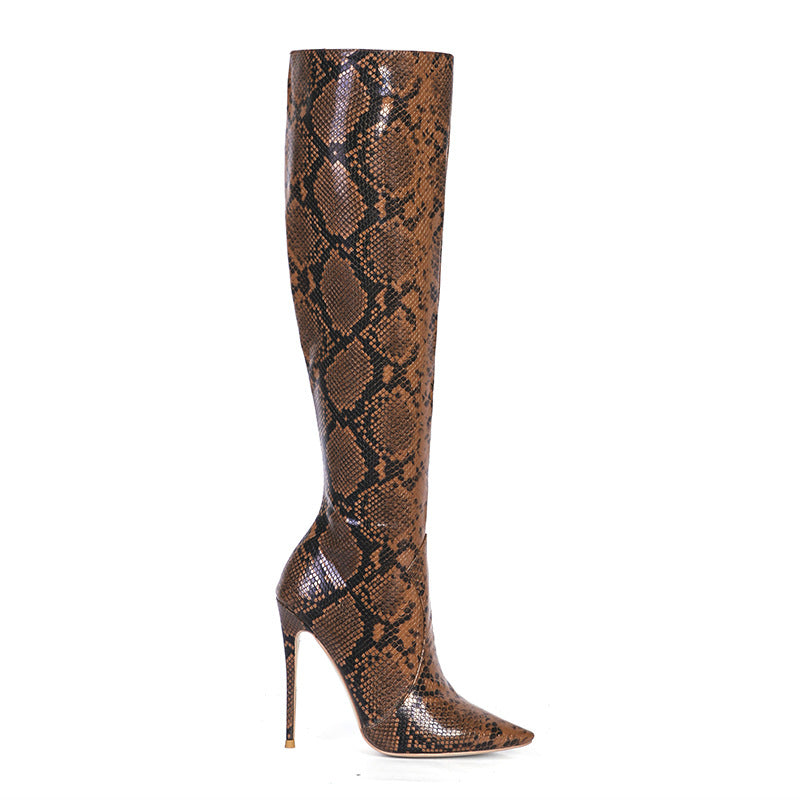 Spring Autumn Snake Pattern High-Top Stiletto Heel Boots with Side Zipper