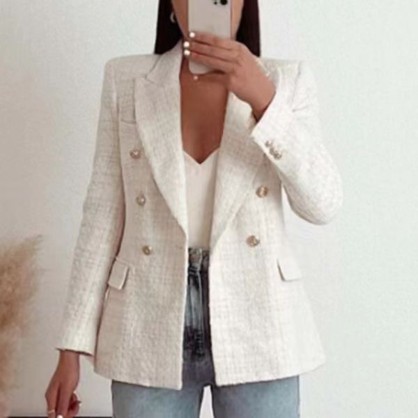Urban Casual Women Double Breasted Textured Cotton Blazer in White & Black