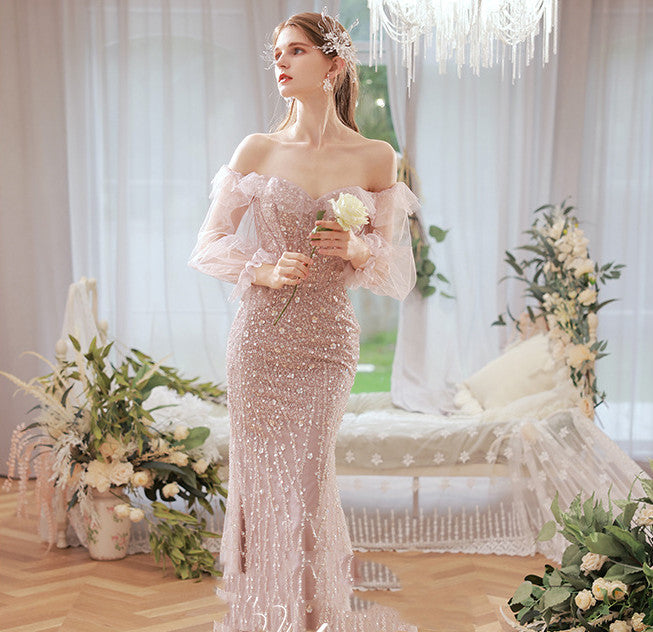 Peach Pink Sleeveless One-Shoulder Wedding Toast Dinner Dress