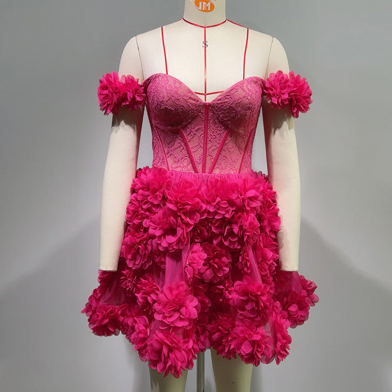 European & American Women's Handmade Dark Pink Flower Gauze Dress Short Sleeve