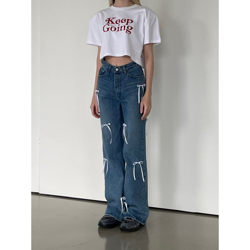 Pantalon de survêtement en jean ample et droit rétro taille haute pour femme
