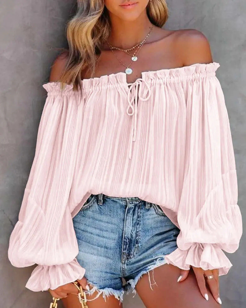 Off-Shoulder Elastic Pullover Top with Lantern Sleeves