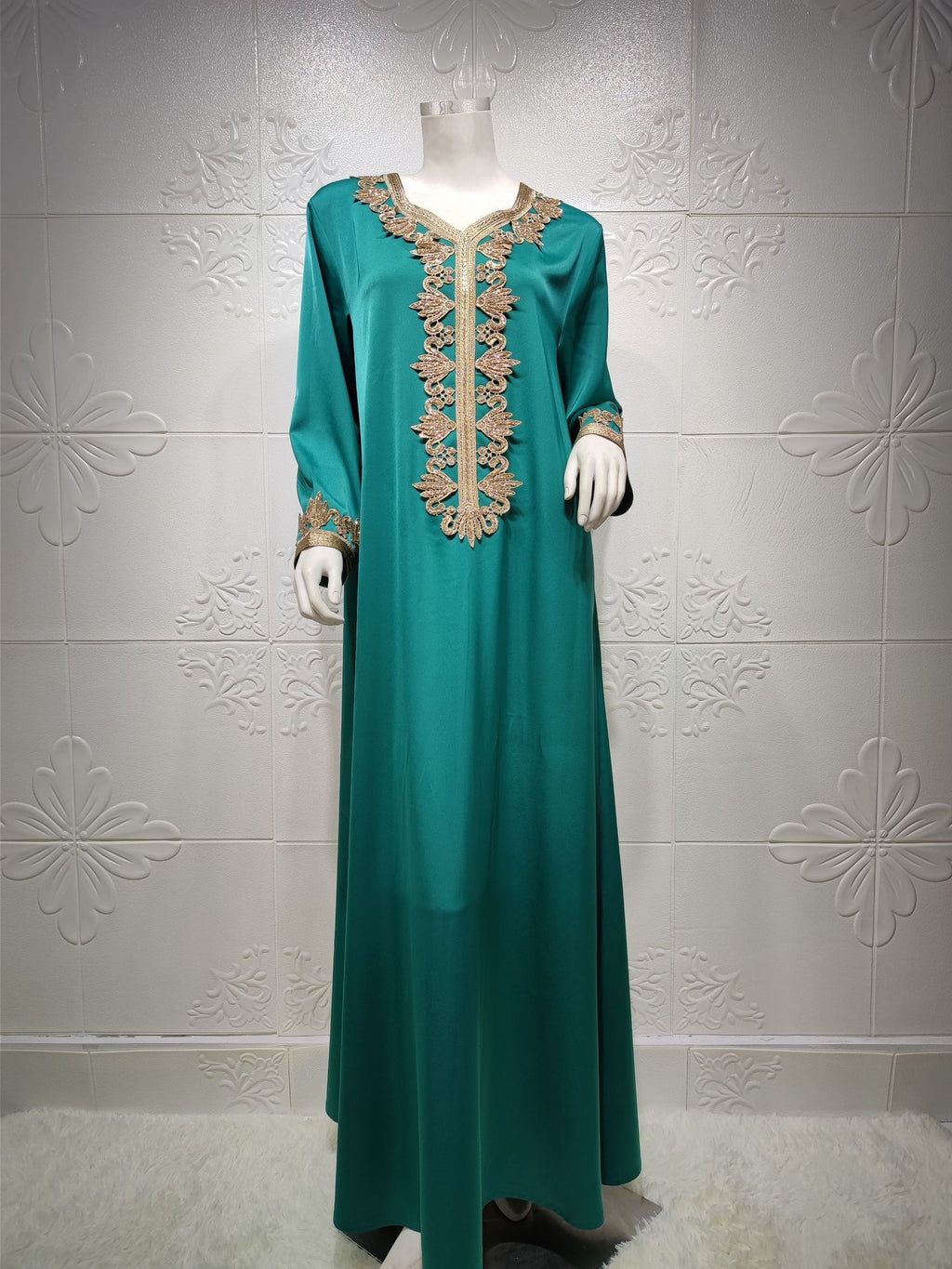 Dubai Embroidery Bronzing Lace Jalabiya Dress with Belt in Multiple Colors and Sizes