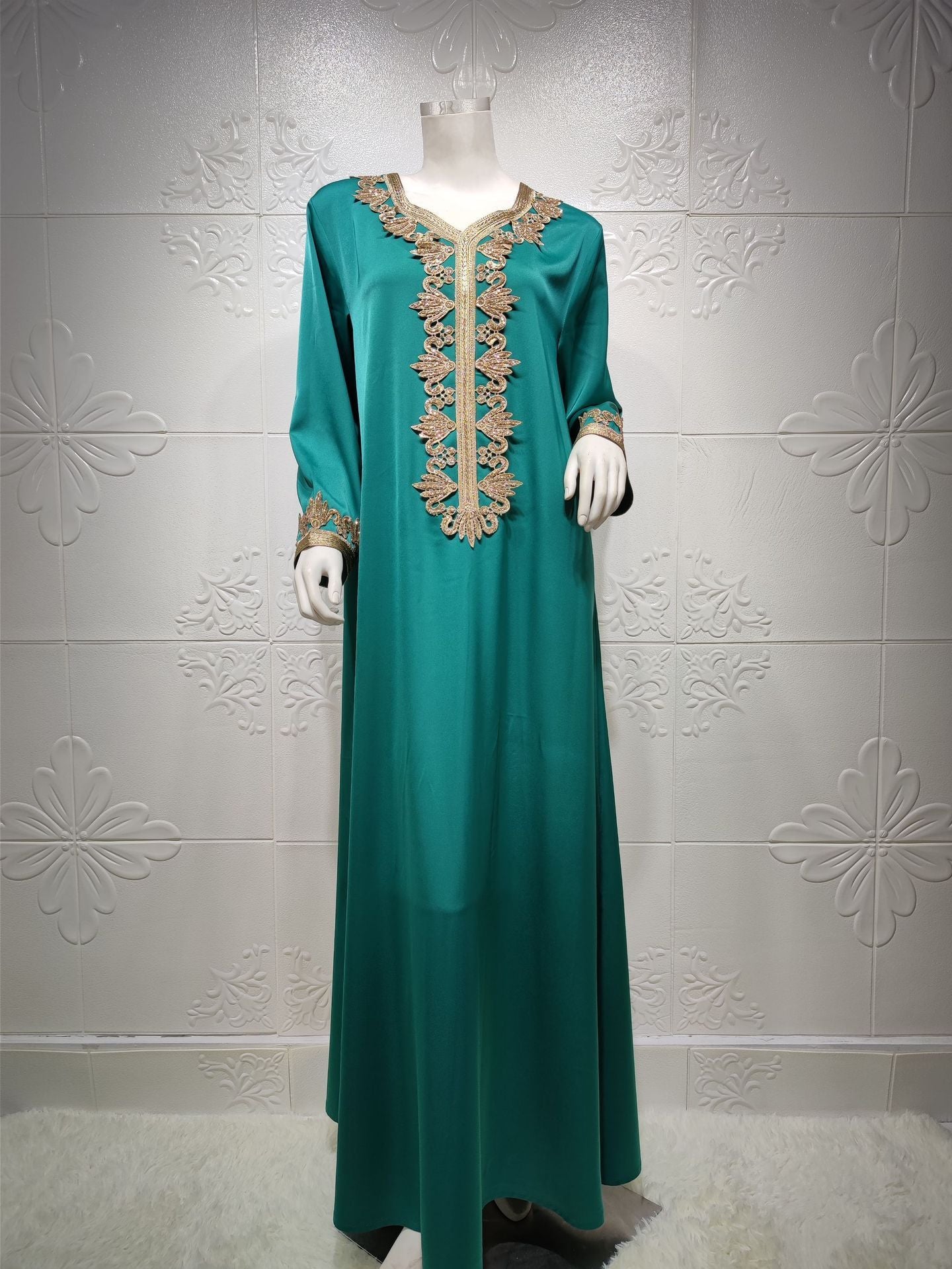 Dubai Embroidery Bronzing Lace Jalabiya Dress with Belt in Multiple Colors and Sizes
