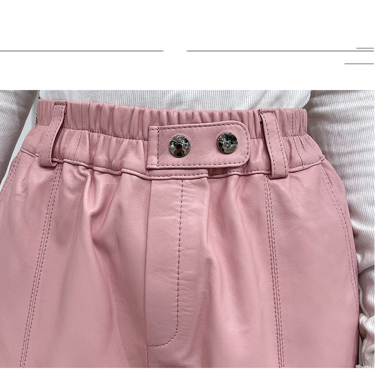 Women's Sheepskin Leather Harem Pants High Waist Elastic Leggings