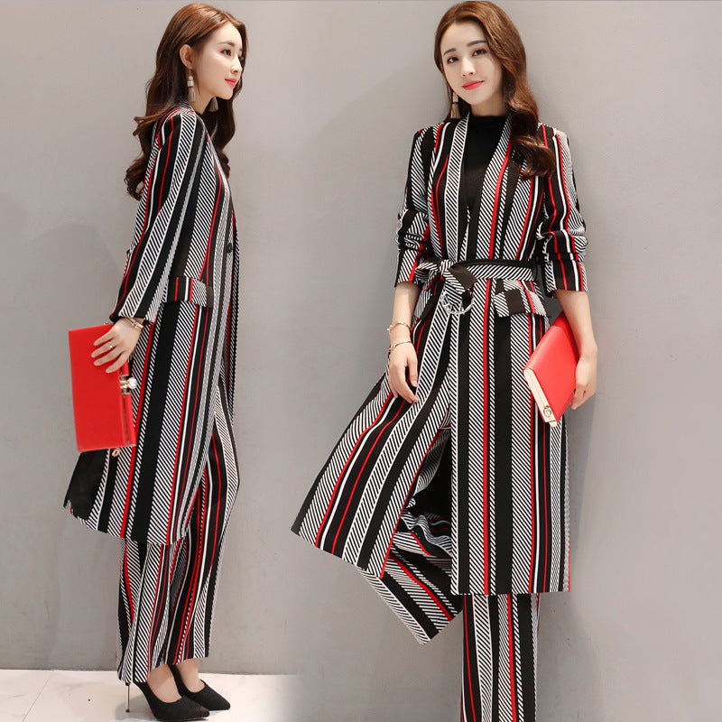 Women's Striped Trench Coat & Wide Leg Pants Two-Piece Set