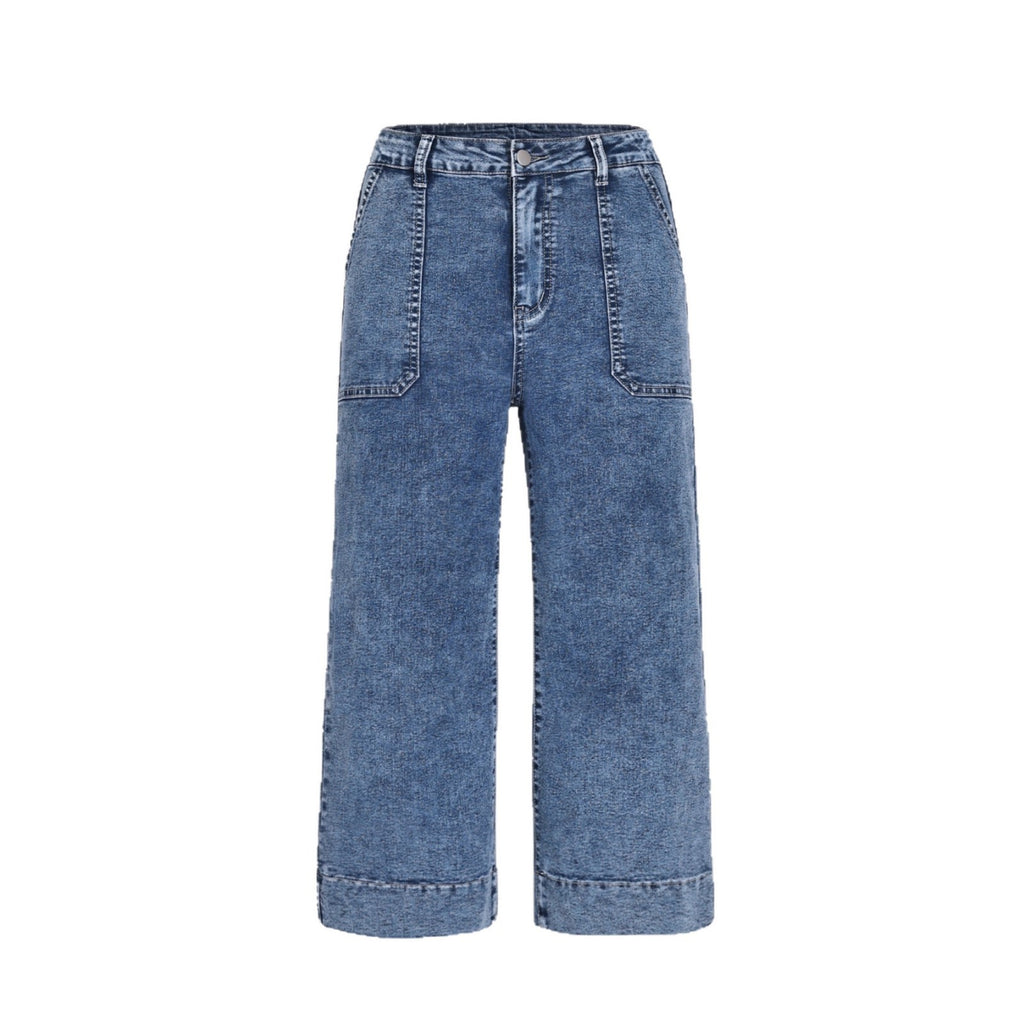 Pantalon large court amincissant taille haute à la française bleu foncé